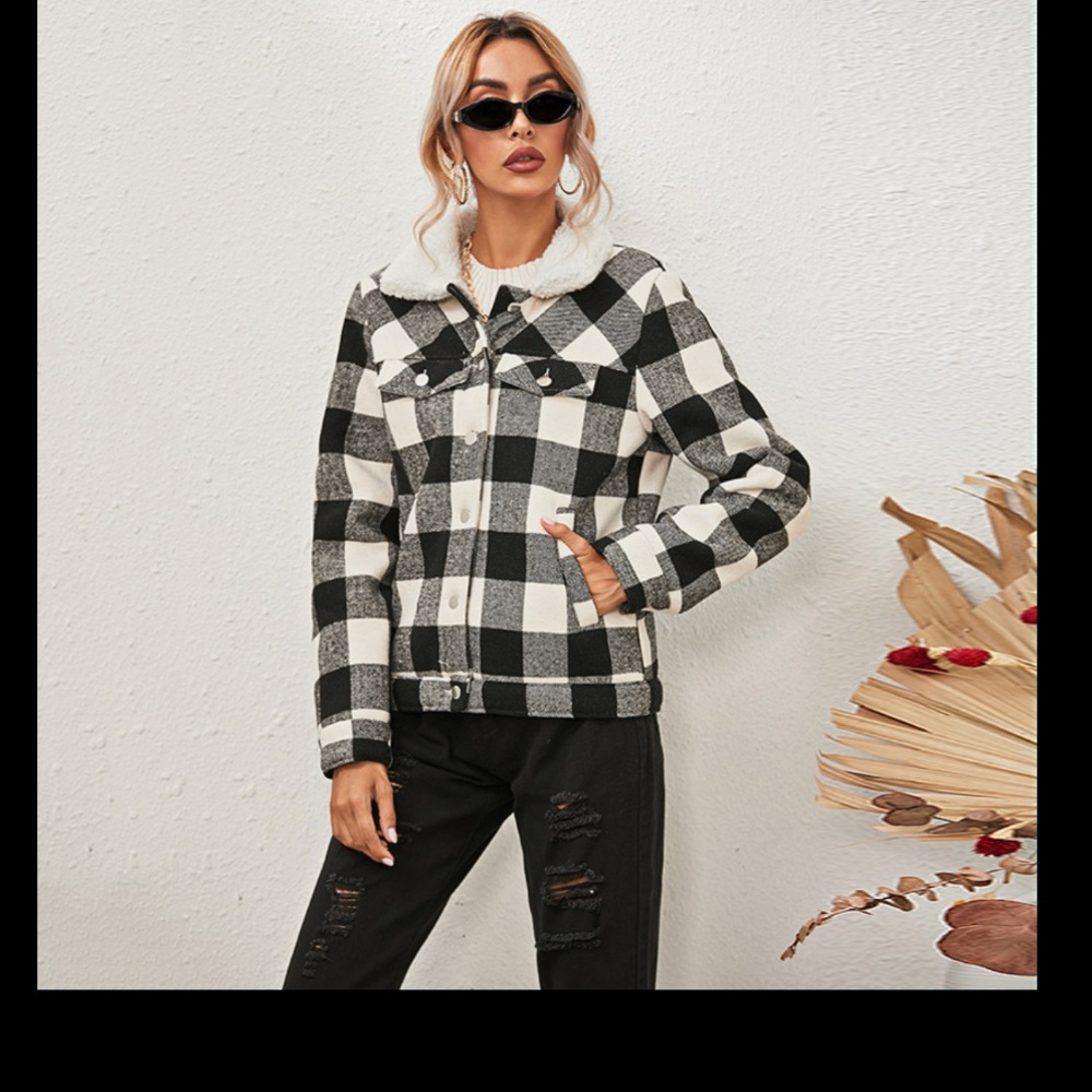LOVE TREE Faux Fur Plaid Jacket.